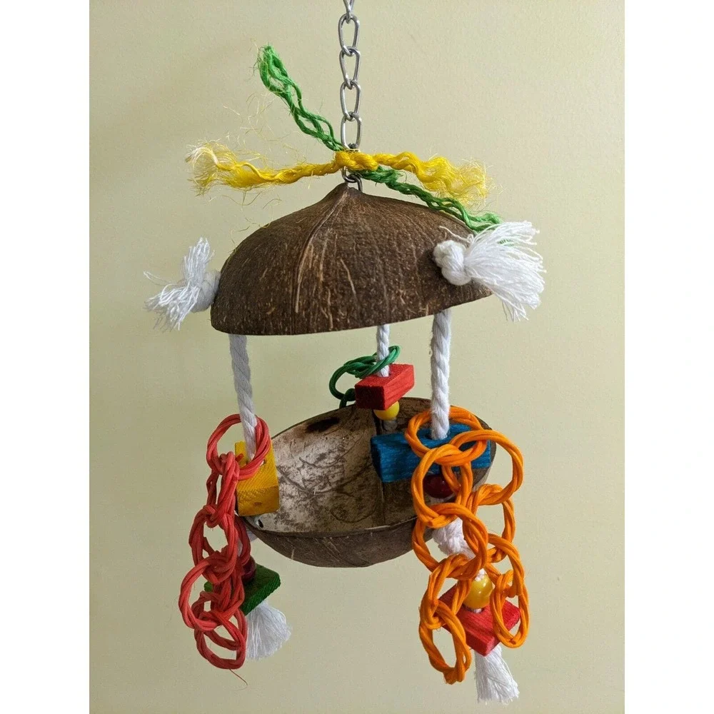 Coconut Hutch Bird Toy Medium to Large Parrot Toy, Shreddable Toy Foraging Toy